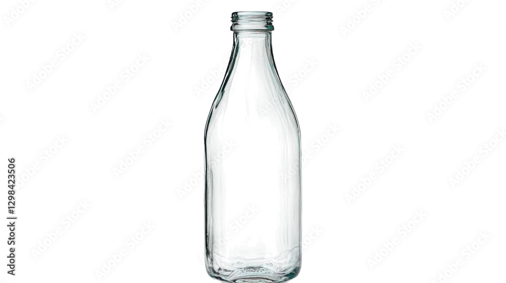 Clear glass bottle standing upright on a clean surface in a minimalist setting Clear glass bottle standing upright on a clean surface in a minimalist setting