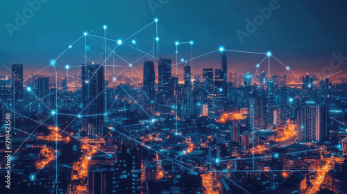 Wallpaper Mural A vivid futuristic cityscape features glowing digital networks crisscrossing skyscrapers, illuminating the skyline at night Torontodigital.ca