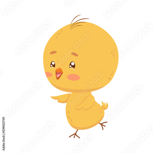 The little fluffy chicken runs quickly. Vector isolated cheerful traditional Easter character. A cute yellow chick is in hurry for  Christian holiday. Print, painting, cover. A jolly orange beak