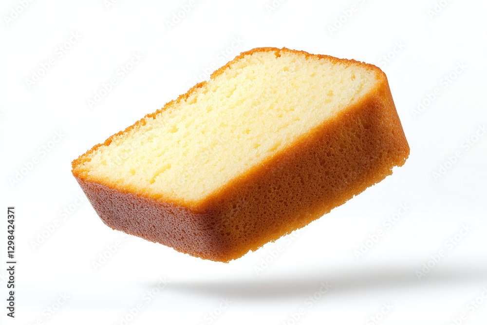Delicious slice of pound cake floating in mid air, showcasing its rich buttery texture and golden crust, perfect for dessert lovers Delicious slice of pound cake floating in mid air, showcasing its rich buttery texture and golden crust, perfect for dessert lovers
