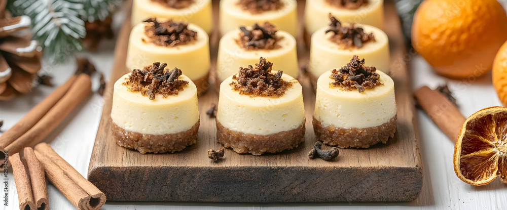Mini Spiced Cheesecakes On Rustic Wooden Board Mini Spiced Cheesecakes On Rustic Wooden Board