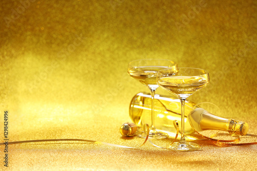 Bild auf Leinwand Champagne in glasses and bottle on golden background