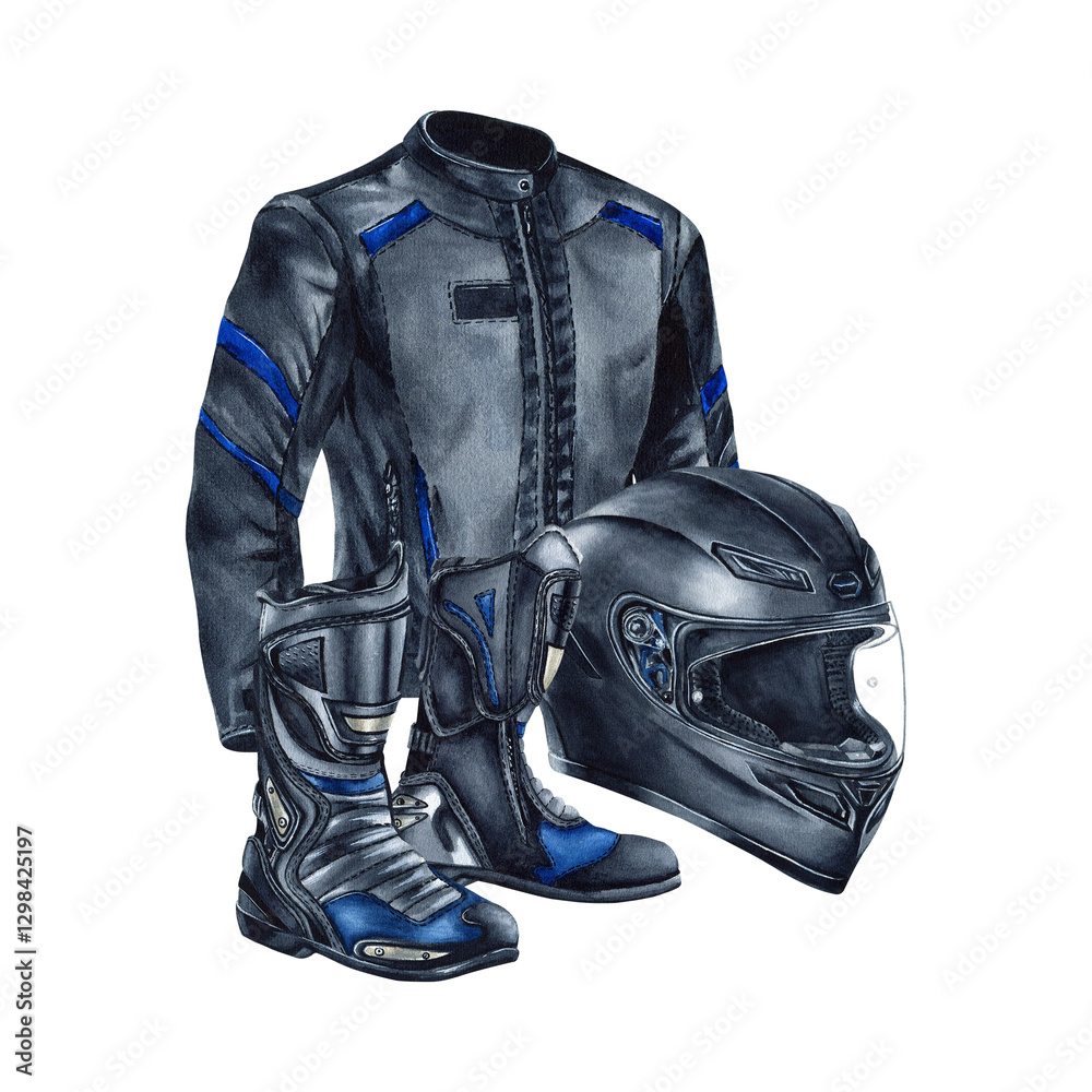Motorcyclist helmet, moto boots and jacket. Protective moto gear for biker. Watercolor illustration isolated from the background. Motorcycle clothing store, online shop web design, advertising banner Motorcyclist helmet, moto boots and jacket. Protective moto gear for biker. Watercolor illustration isolated from the background. Motorcycle clothing store, online shop web design, advertising banner
