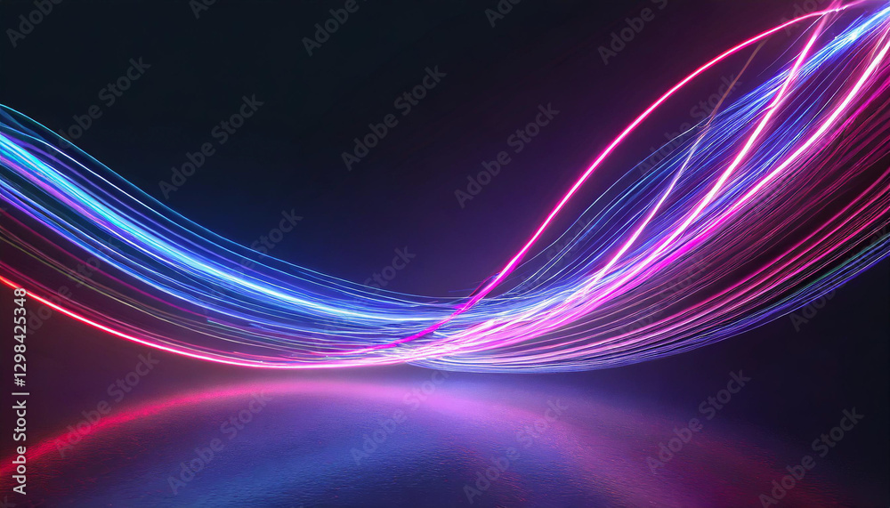 Naklejka premium Neon pink blue purple red color glowing lines background, glowing wave swirl, impulse cable lines, high-speed light trails effect. Futuristic dynamic motion technology.