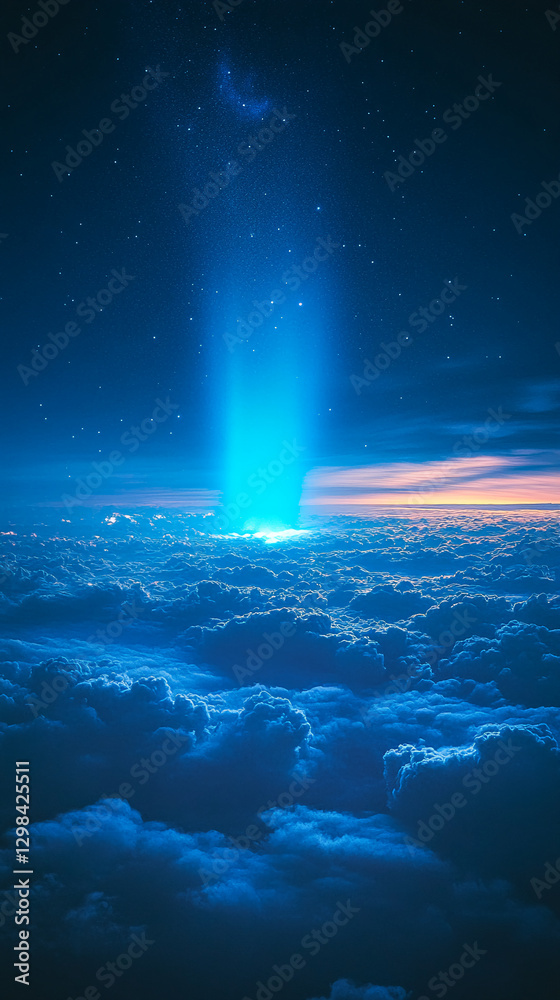 Naklejka premium A stunning view of a starry night sky with glowing blue light shining through the clouds, symbolizing cosmic beauty, mystery, and the vastness of the universe.