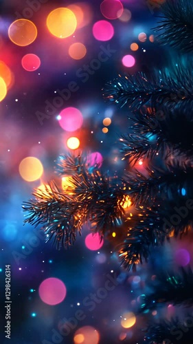 Colorful bokeh lights shimmering around a Christmas tree branch in a festive atmosphere