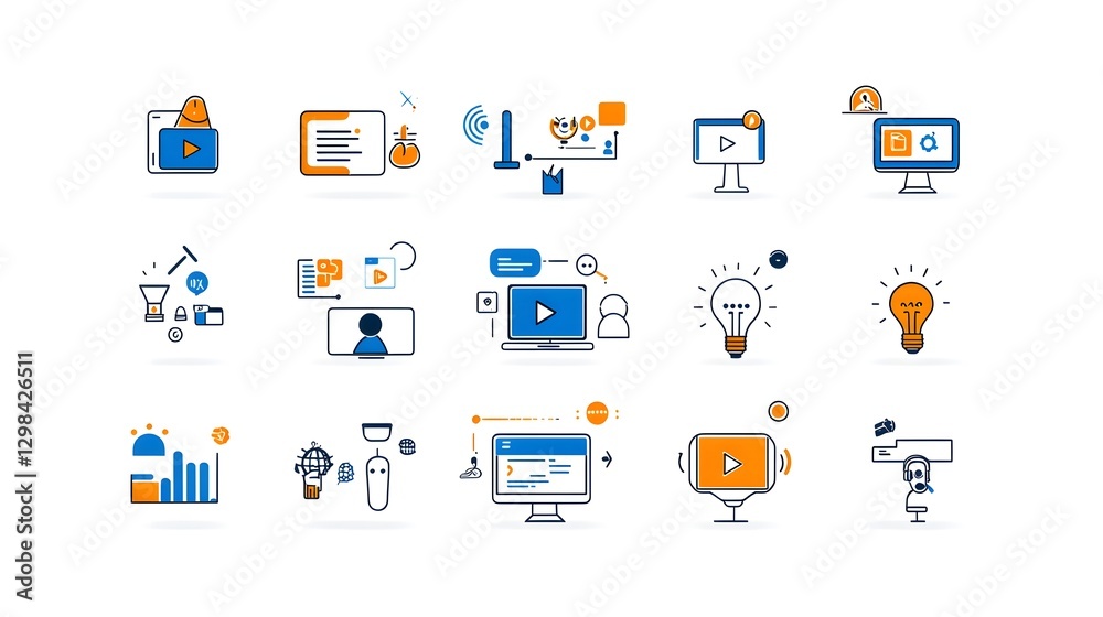 Neatly arranged collection of outline icons illustrating various aspects of online education remote meetings and live broadcast tools on a clean white canvas Featuring video calls Neatly arranged collection of outline icons illustrating various aspects of online education remote meetings and live broadcast tools on a clean white canvas Featuring video calls