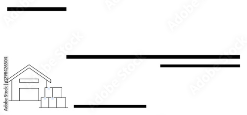 Simplified warehouse outline with three stacked boxes and bold horizontal lines. Ideal for logistics, supply chain management, inventory storage, delivery systems, industrial processes, organization