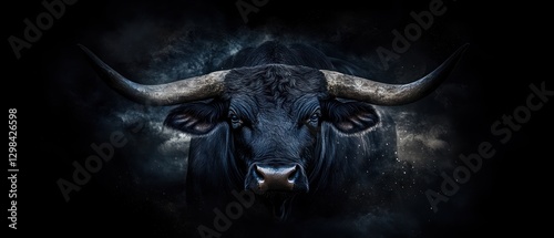 A Majestic Black Bull with Horns Against a Starry Sky