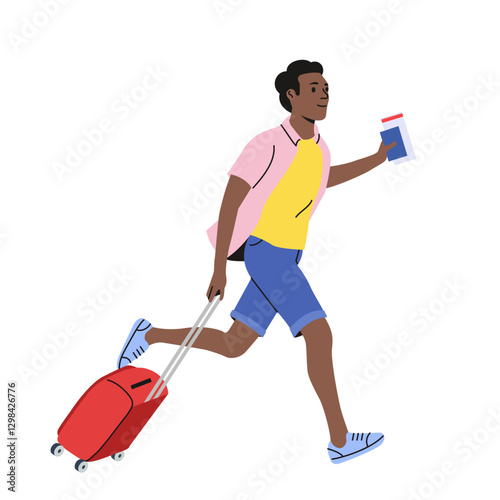 Young man tourist runs  with luggage and passport. Vector cartoon flat style illustration