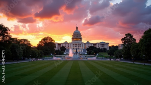 Capitol Building, Dusk view of US Capitol Building golden tones fountains sunset illuminated landscape