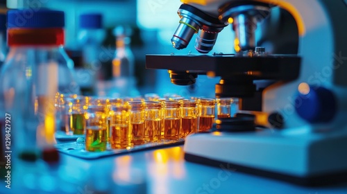 Scientific Research with Microscopes and Vials of Medical Samples