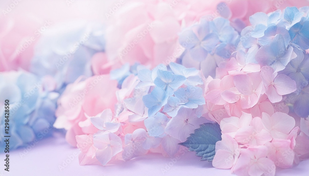 ふんわりしたパステルカラーの水滴の付いたあじさいの花。AIで生成 ふんわりしたパステルカラーの水滴の付いたあじさいの花。AIで生成