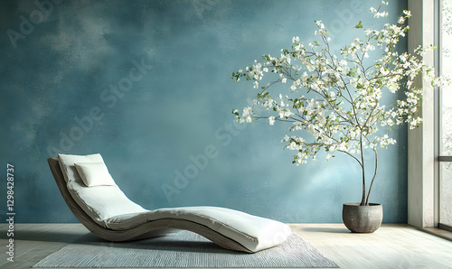 Blue-toned wall in serene living room creates minimalist relaxation space.