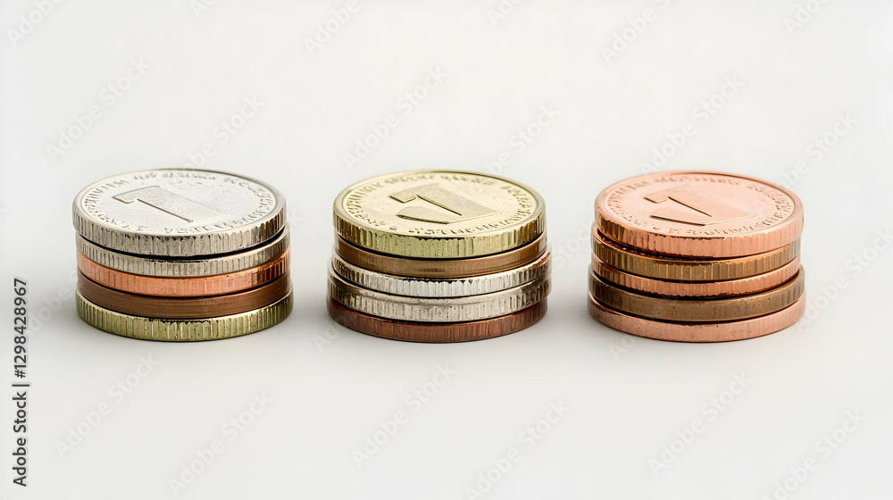 Three Stacks Of Different Colored Coins On White Background With Soft Lighting Three Stacks Of Different Colored Coins On White Background With Soft Lighting