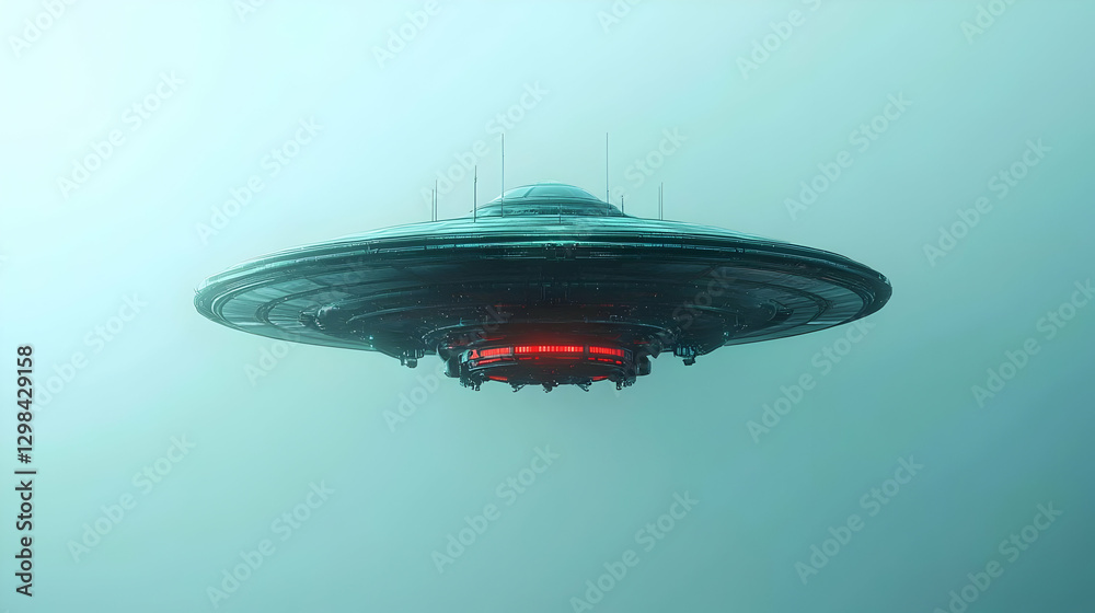 Obraz premium Metallic Futuristic UFO with Red Glowing Lights in a Misty Sky