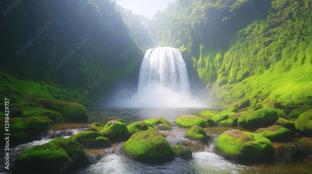 Fototapeta premium Majestic waterfall cascades through lush greenery, creating sere