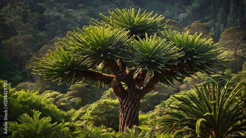 Stunning Monkey Puzzle Tree in the Heart of a Lush, Verdant Landscape