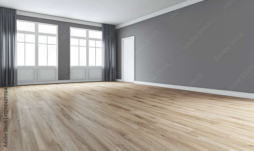 Fototapeta premium Vintage modern living room in 3D with wood floors and gray walls.