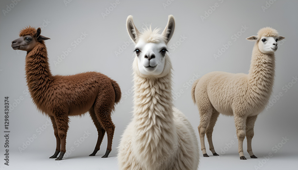 Fototapeta premium A Charming Llama And Two Alpacas, Peacefully Posed Against A Neutral Backdrop, Showcasing Their Luxuriously Soft Coats In A Serene Studio Setting Isolated on Transparent Background