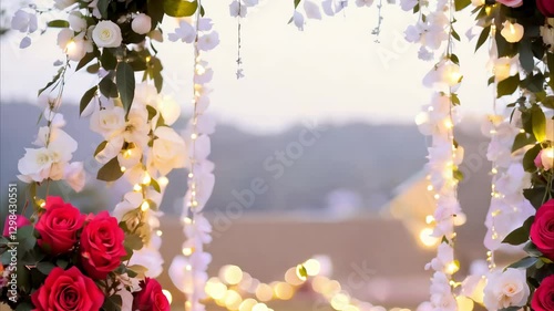 Horizontal video, arch with roses, wedding, birthday, celebration