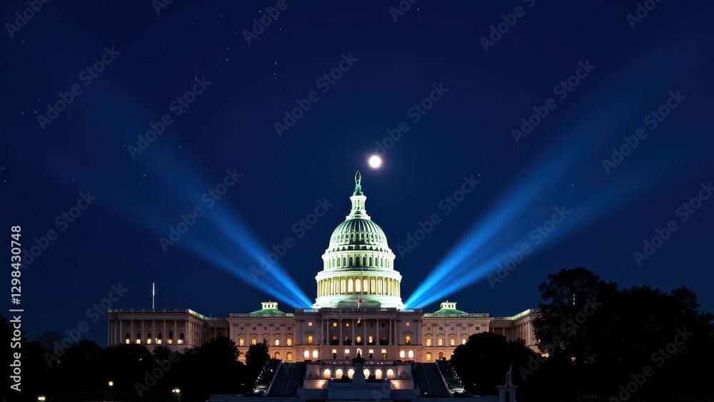 Obraz premium Capitol Building, Night view of Capitol Building adorned with starlight moonlight and spotlights enhancing the structure