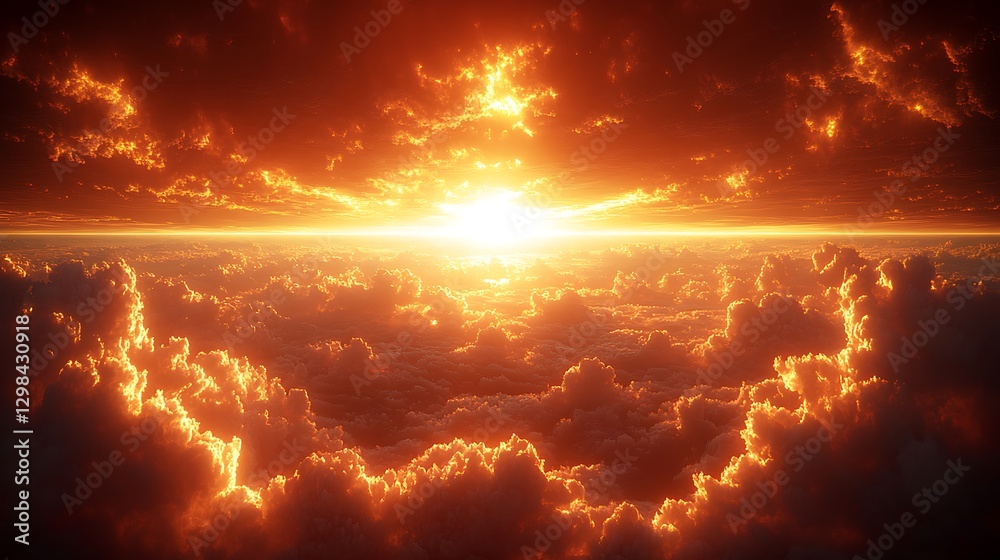 Fototapeta premium Epic sunset above fiery clouds; breathtaking view from airplane