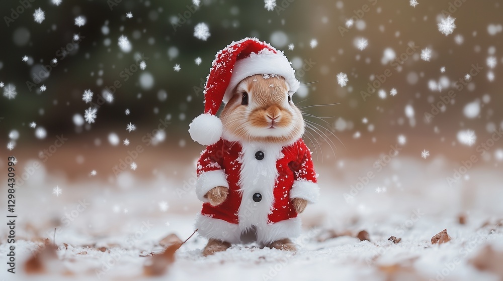 Cute little rabbit in christmas outfit. Bunny is santa claus. Small snowy scene with a girl dressed in a hat and a hat. An adorable small bunny dressed in a christmas costume lifestyle. Cute little rabbit in christmas outfit. Bunny is santa claus. Small snowy scene with a girl dressed in a hat and a hat. An adorable small bunny dressed in a christmas costume lifestyle.