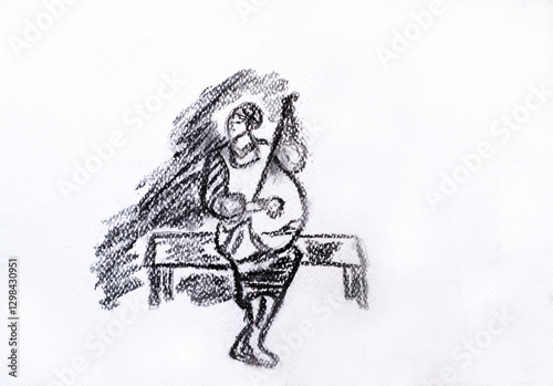 Charcoal drawing. Black and white drawing. Drawing of a woman with charcoal on a white background.