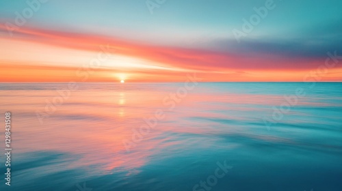 Serene Sunset over the Ocean: A breathtaking view of a tranquil ocean at sunset, painted in hues of orange, pink, and teal.
