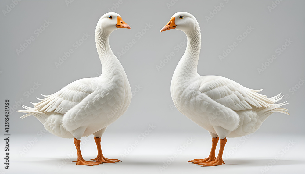Obraz premium Two Majestic White Geese Facing Each Other In A Serene, Minimalist Studio Setting With Soft Lighting Isolated on Transparent Background