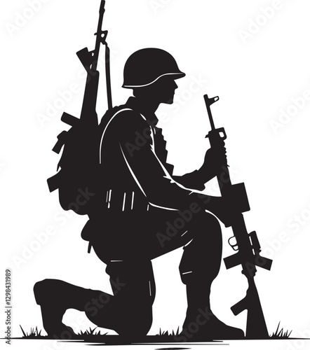 The Silent Sentinel: Silhouette of a soldier kneeling, holding a rifle, symbolizing strength and readiness. This evocative image captures the dedication and sacrifice of military personnel.