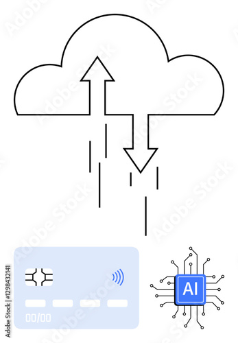 Cloud with arrows, smart credit card, and AI chip showcasing data transfer, payment security, and technology. Ideal for finance, AI, cloud storage, IoT digital payments cybersecurity abstract line