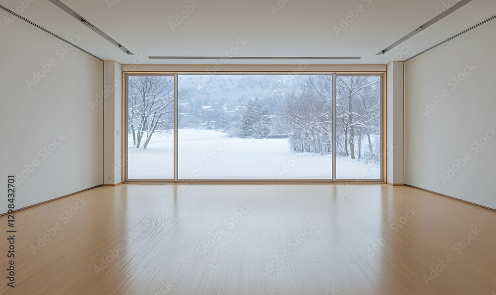 Fototapeta premium Empty room showcases tranquil snowy landscape through window.