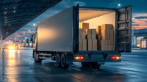 A modern freight truck with an open back revealing a meticulously packed cargo bay filled with boxes  The professional logistics setup symbolizes reliability organized shipping photo