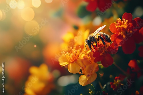 Honeybee gathering nectar on a bright yellow and red flower in warm sunlight