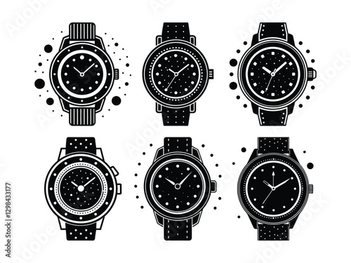 Wristwatches with different designs silhouette isolated on white background