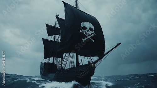 A classic pirate ship sailing through stormy seas under a dark sky. photo