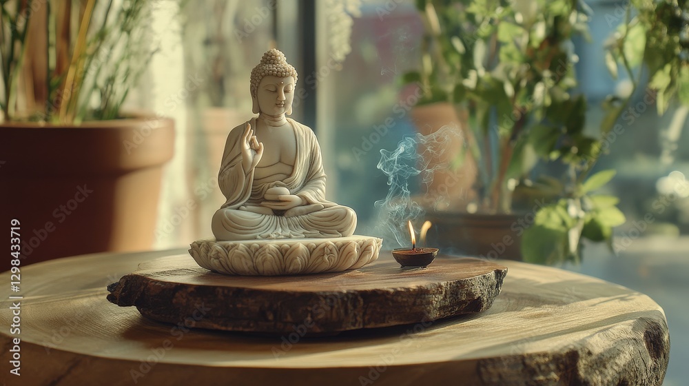 Serene Minimalist Meditation Altar with Wooden Base and Buddha Statue Serene Minimalist Meditation Altar with Wooden Base and Buddha Statue