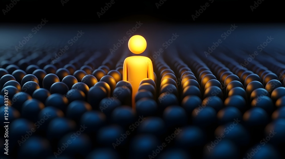 Fototapeta premium A conceptual scene featuring luminous orange figures standing out against a sea of deep purple elements The composition emphasizes contrast leadership and the courage to be different