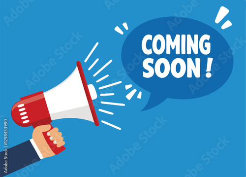Hand hold megaphone. Coming soon. Flat style. Vector illustration