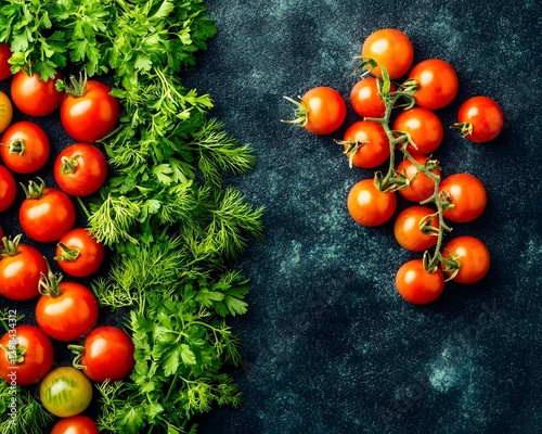 Vibrant Cherry Tomatoes and Fresh Herbs on Dark Background