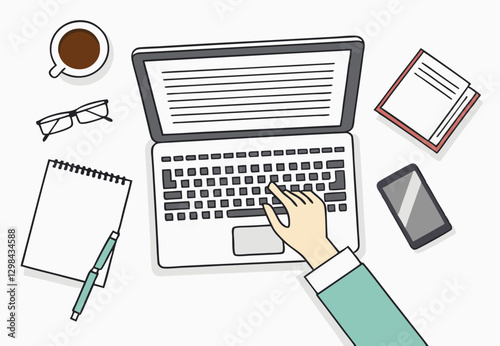 Workplace in office with laptop top view. Vector illustration