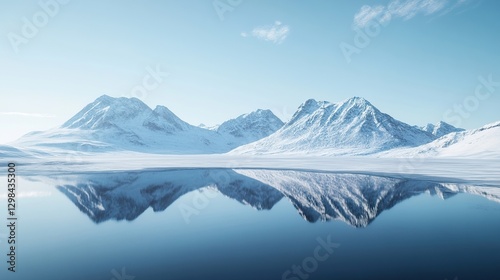 Snow-covered mountains reflecting in a serene frozen lake, with a clear blue sky above.