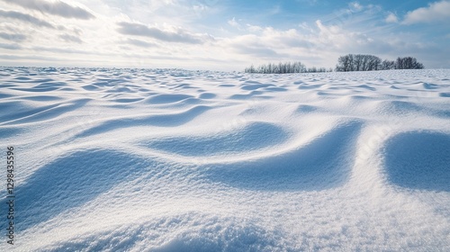 Snowdrifts swirling in the wind, creating abstract patterns on an open field.