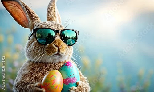 Cool Easter Bunny Wearing Sunglasses Holding Decorated Eggs on Blue Background