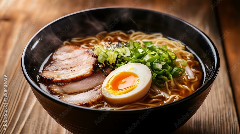 Delicious bowl of ramen with egg, green onion, and tender pork slices. Delicious bowl of ramen with egg, green onion, and tender pork slices.