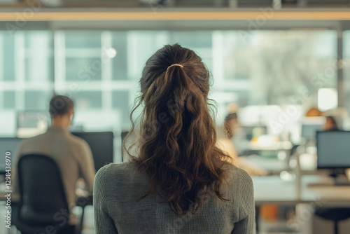 Mujer de espaldas en una oficina con gente de fondo trabajando.