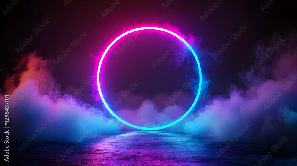 Glowing Neon Circle Emitting Blue And Pink Light On Wet Surface With Colorful Smoke Effects Glowing Neon Circle Emitting Blue And Pink Light On Wet Surface With Colorful Smoke Effects