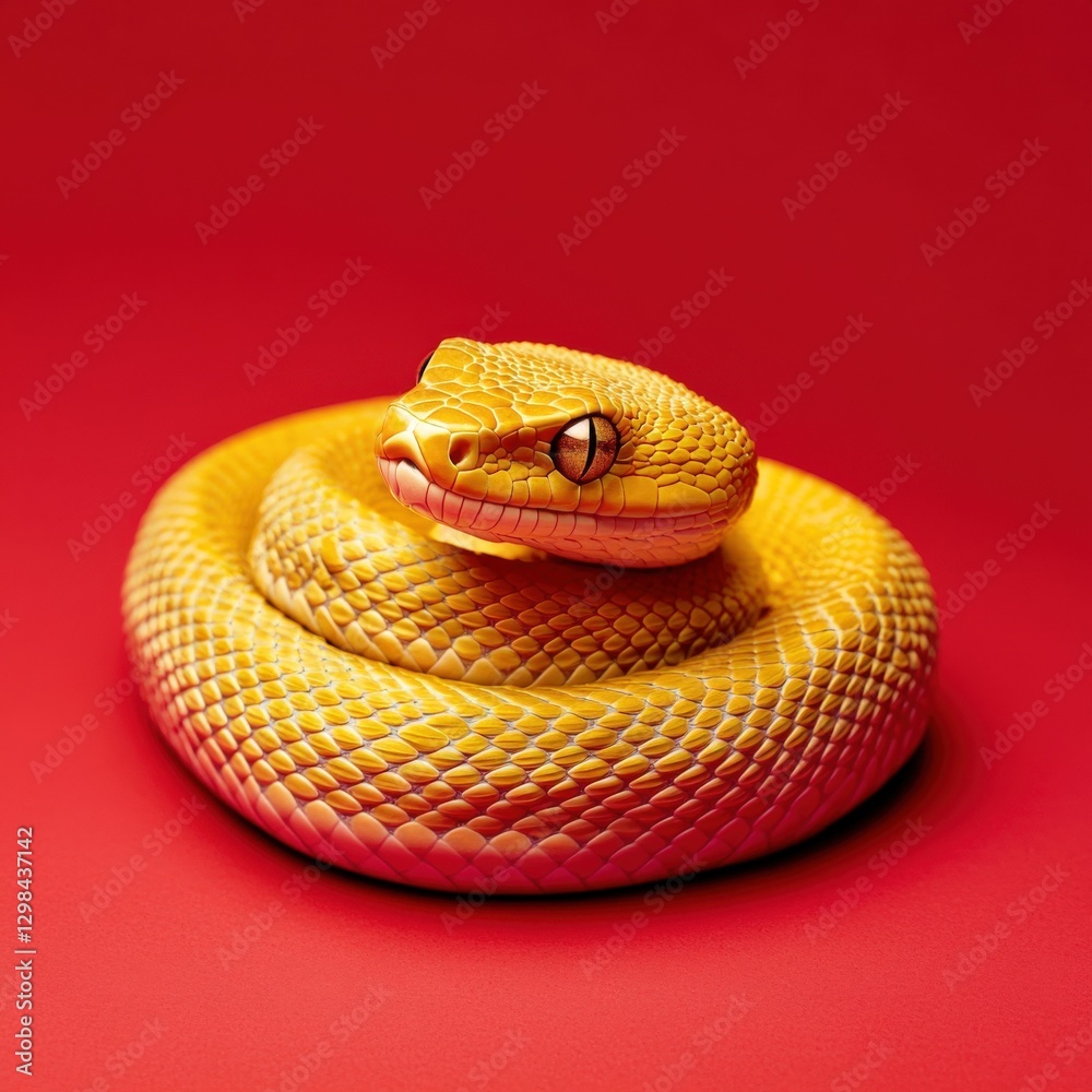 Fototapeta premium golden Snake Coiled on Red Background